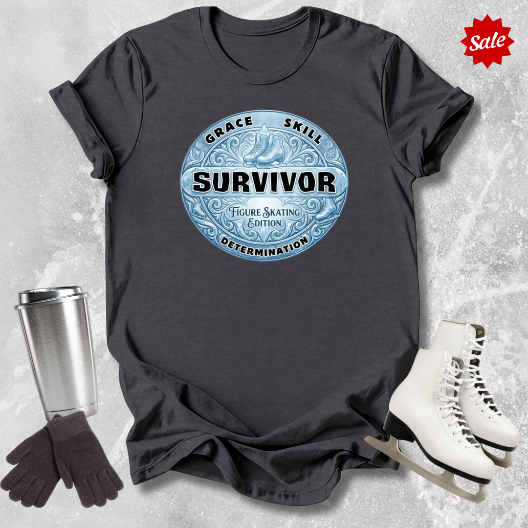 dark grey t-shirt with 'Survivor' graphic design for figure skaters on a textured gray background