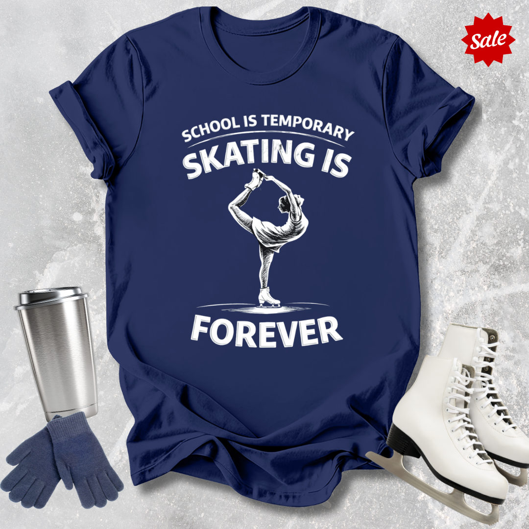 Navy t-shirt with white text school is temporary figure skating is forever graphic design.