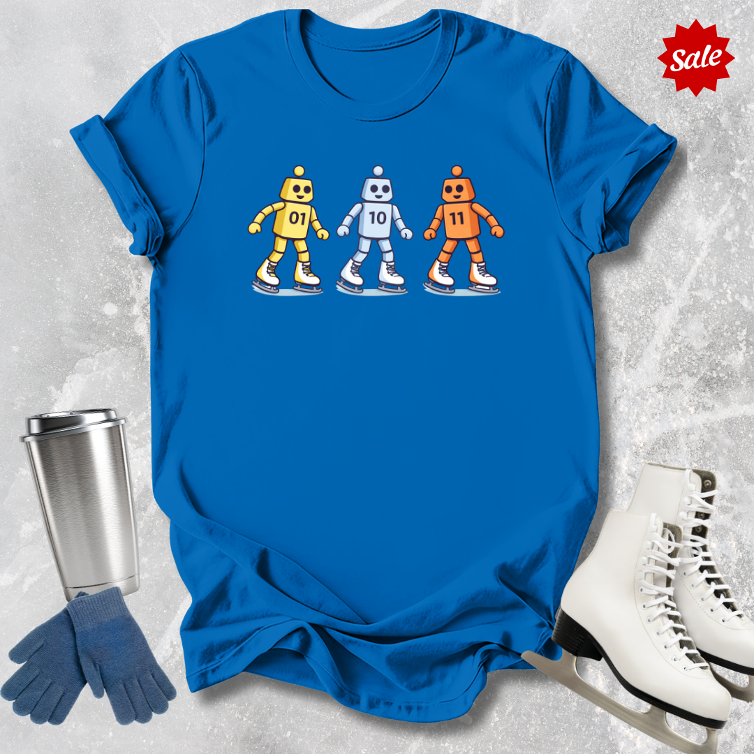 Blue t-shirt with robot design, silver tumbler, blue gloves, and white skates on a textured gray background.