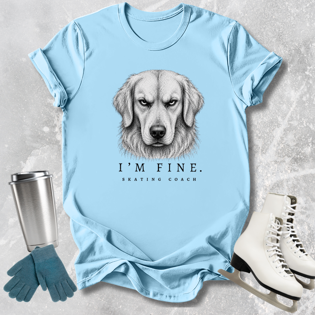 Light blue t-shirt with a dog graphic and text, placed on a textured surface with accessories.