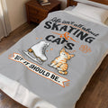 A light gray bedding set, including a duvet cover and pillowcase, displayed on a bed in a bedroom setting. The duvet cover features a colorful graphic design with the text 'Life isn't all about SKATING & CARS BUT IT SHOULD BE.