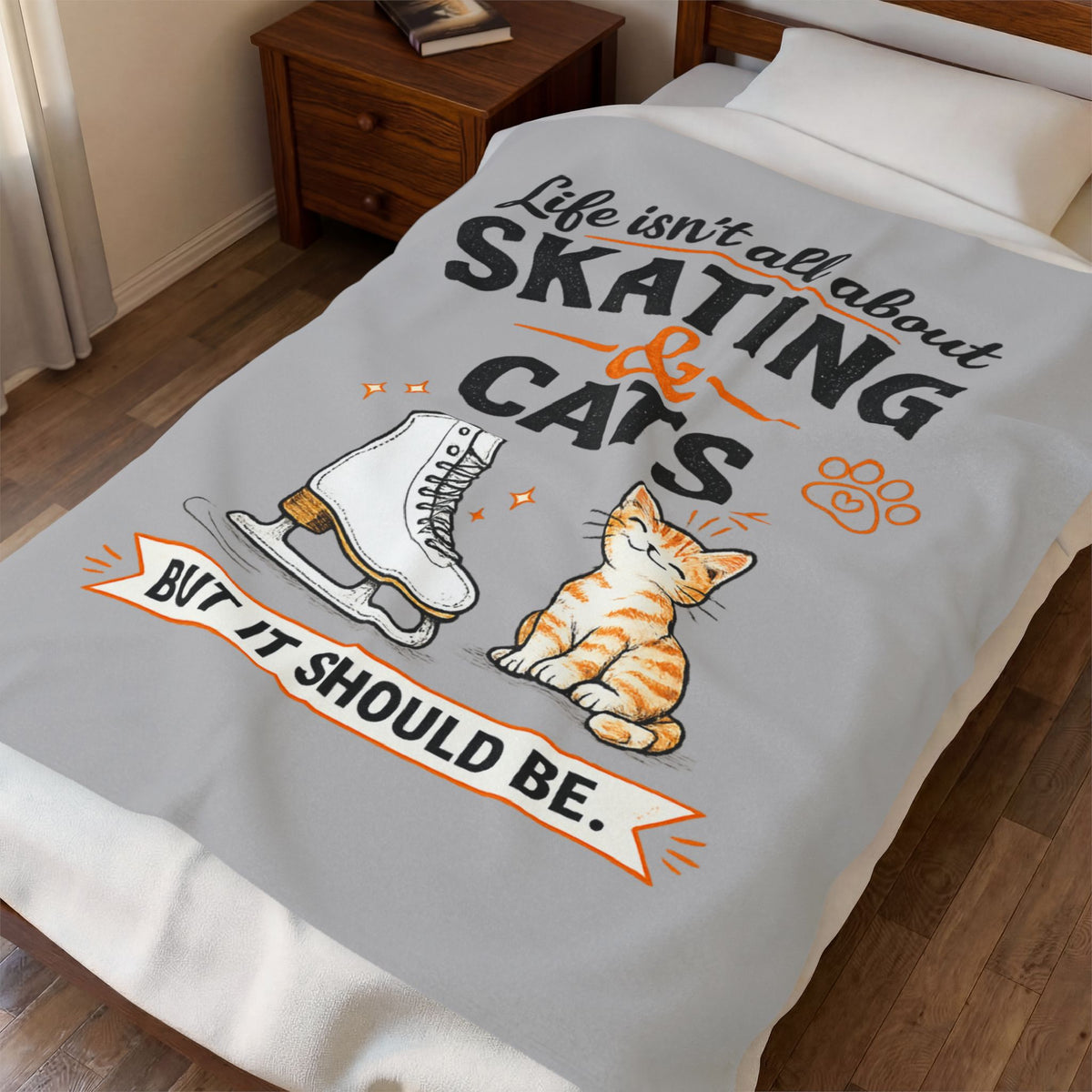 A light gray bedding set, including a duvet cover and pillowcase, displayed on a bed in a bedroom setting. The duvet cover features a colorful graphic design with the text 'Life isn't all about SKATING & CARS BUT IT SHOULD BE.
