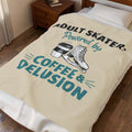 A cream-colored blanket with a humorous graphic print is draped over a bed in a bedroom setting. The graphic features the text 'ADULT SKATER.