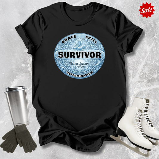 Black t-shirt with 'Survivor' graphic design   for figure skaters on a textured surface with accessories.
