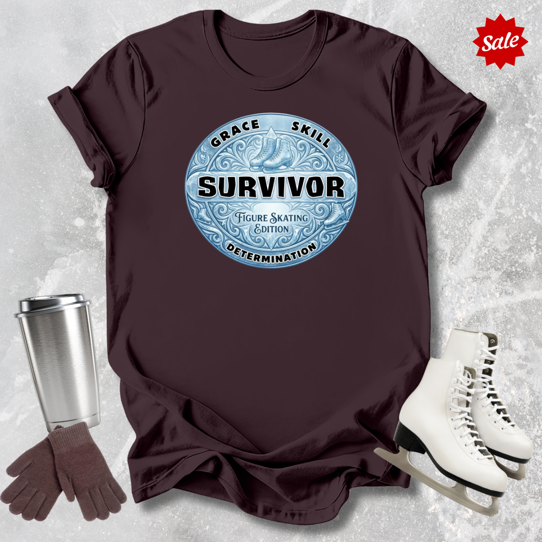 Brown t-shirt with 'Survivor' graphic design   for figure skaters on a textured surface with accessories.