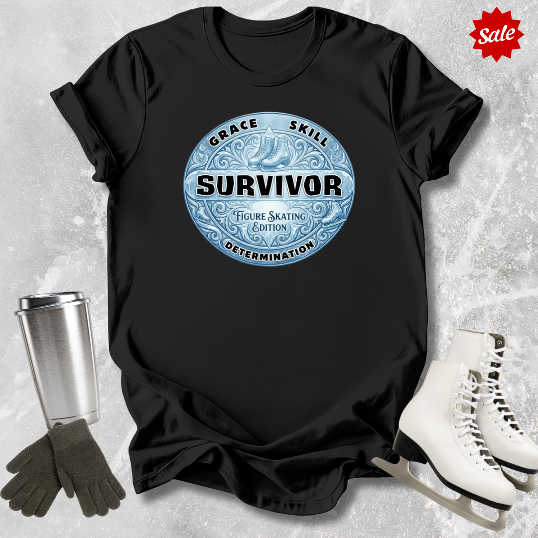 Black t-shirt with 'Survivor' graphic design   for figure skaters on a textured surface with accessories.