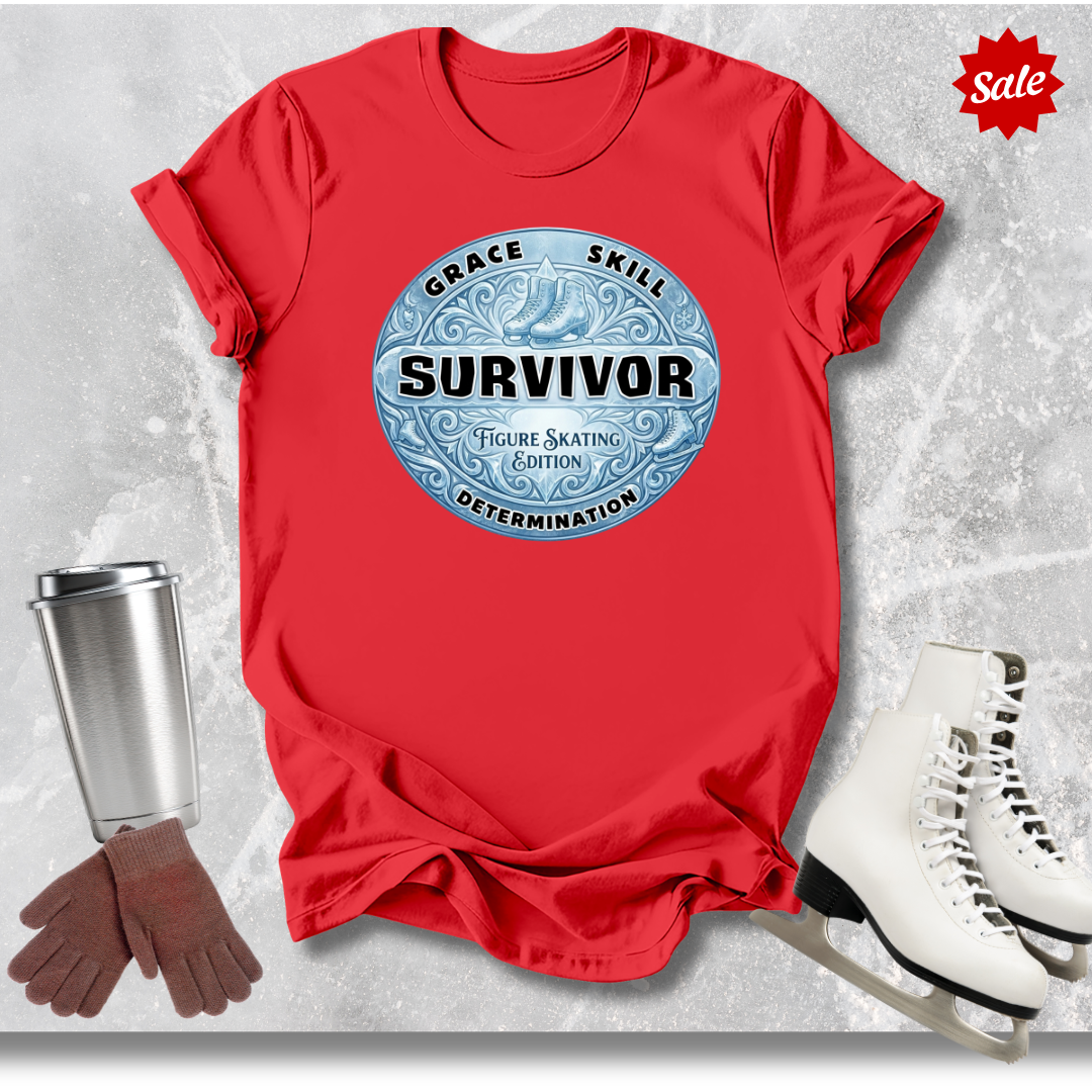 Red t-shirt with 'Survivor' graphic  for figure skaters, figure skates, gloves, and a cup on a textured gray background.