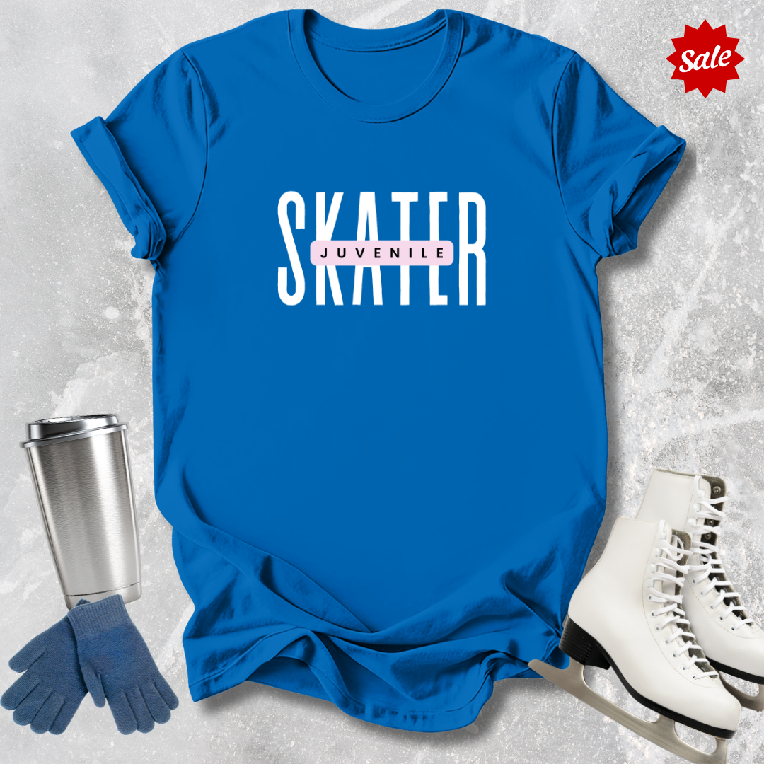 Blue t-shirt with 'SKATER' text, silver tumbler, blue gloves, and white skates on a textured gray background.