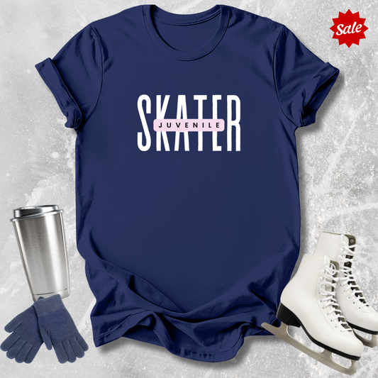 Navy blue t-shirt with 'SKATER' text, silver tumbler, gloves, and white skates on a textured gray background.