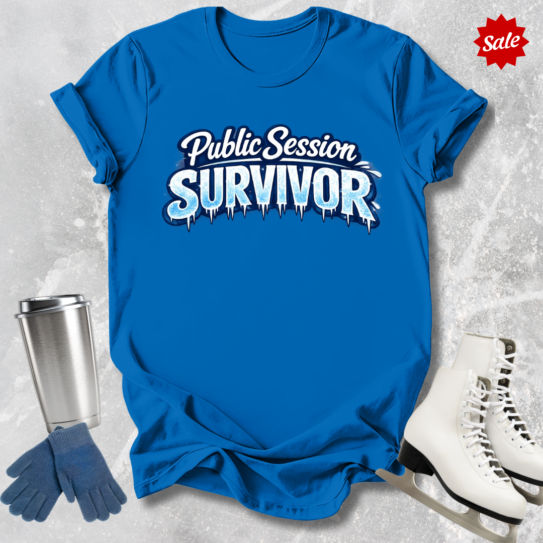 Blue t-shirt with 'Public Session Survivor' text, silver tumbler, blue gloves, and white skates on a textured gray background.