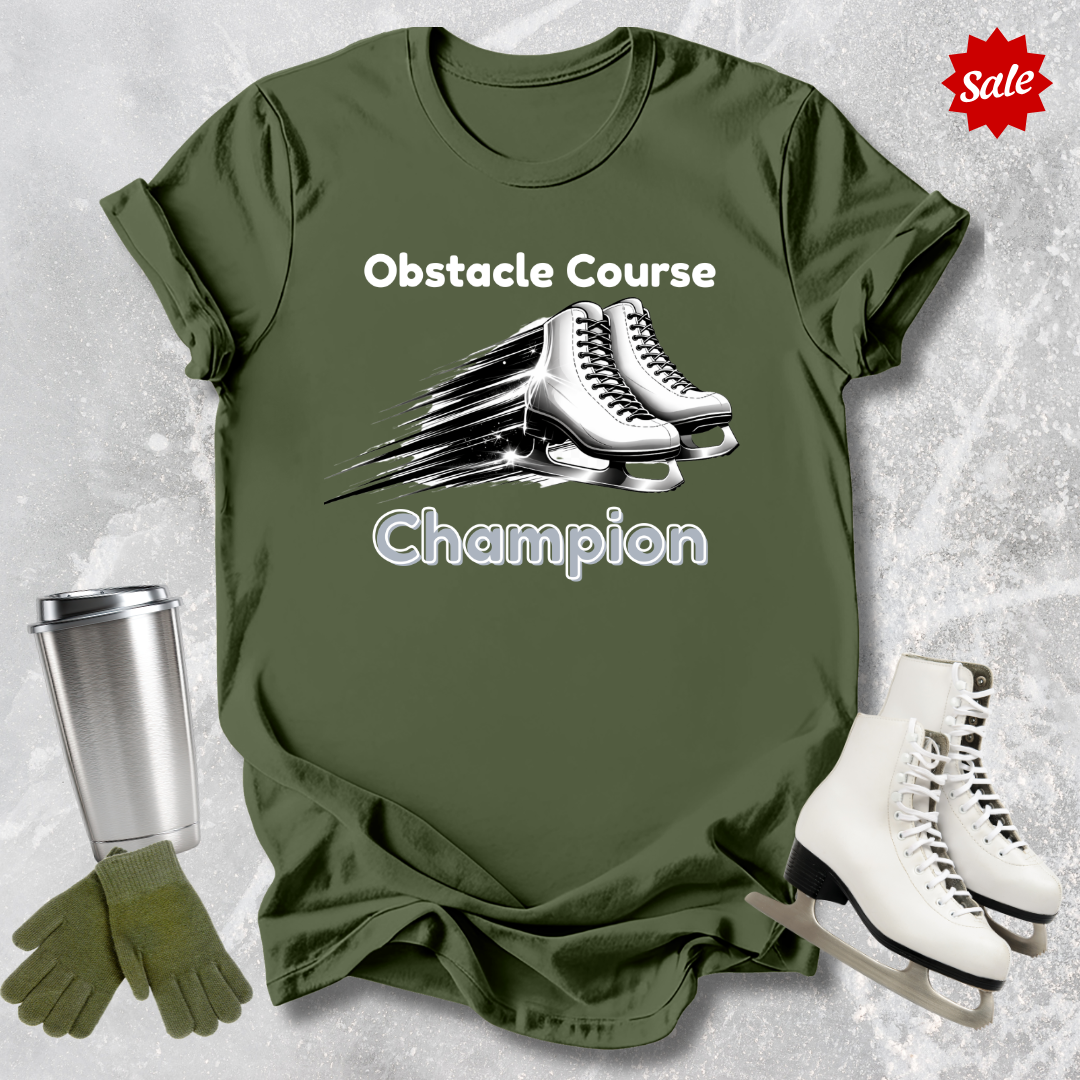 Green t-shirt with ice skate design and text, surrounded by ice skates and a tumbler on a textured background.