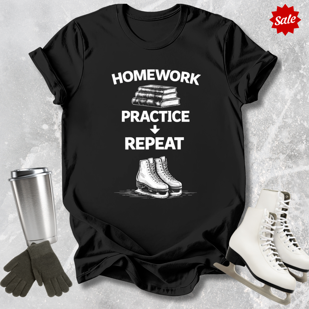 Black t-shirt with 'Homework, practice, repeat' text, next to a silver tumbler, black gloves, and white figure skates on a textured gray background.