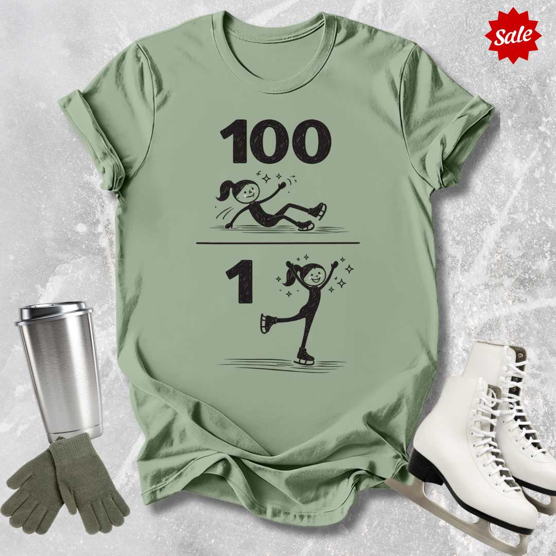 Green t-shirt with '100 1' design, silver tumbler, green gloves, and white skates on a textured surface.