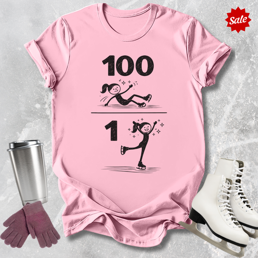 Pink t-shirt with '100 Figure skating falls and 1 landed jump' text, next to a silver tumbler, black gloves, and white figure skates on a textured gray background.