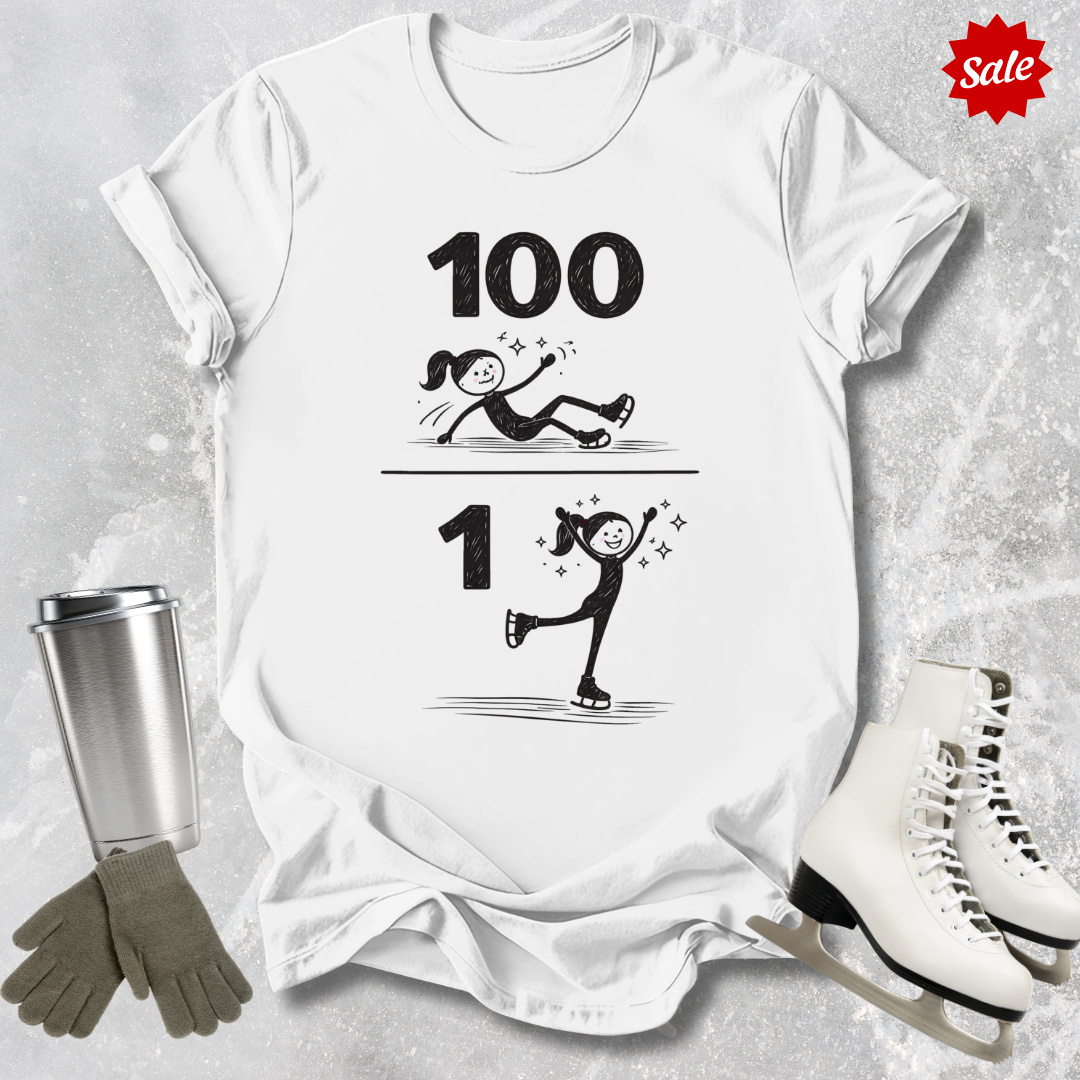White t-shirt with '100 Figure skating falls and 1 landed jump' text, next to a silver tumbler, black gloves, and white figure skates on a textured gray background.