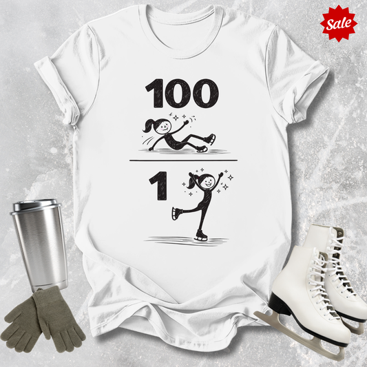 White t-shirt with '100 Figure skating falls and 1 landed jump' text, next to a silver tumbler, black gloves, and white figure skates on a textured gray background.