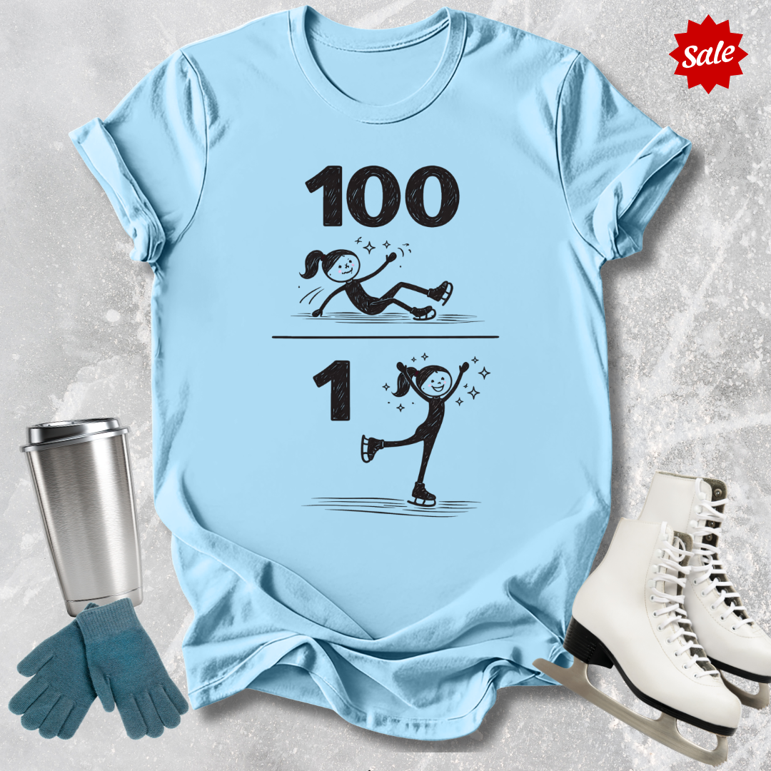 Light blue t-shirt with '100 Figure skating falls and 1 landed jump' text, next to a silver tumbler, black gloves, and white figure skates on a textured gray background.