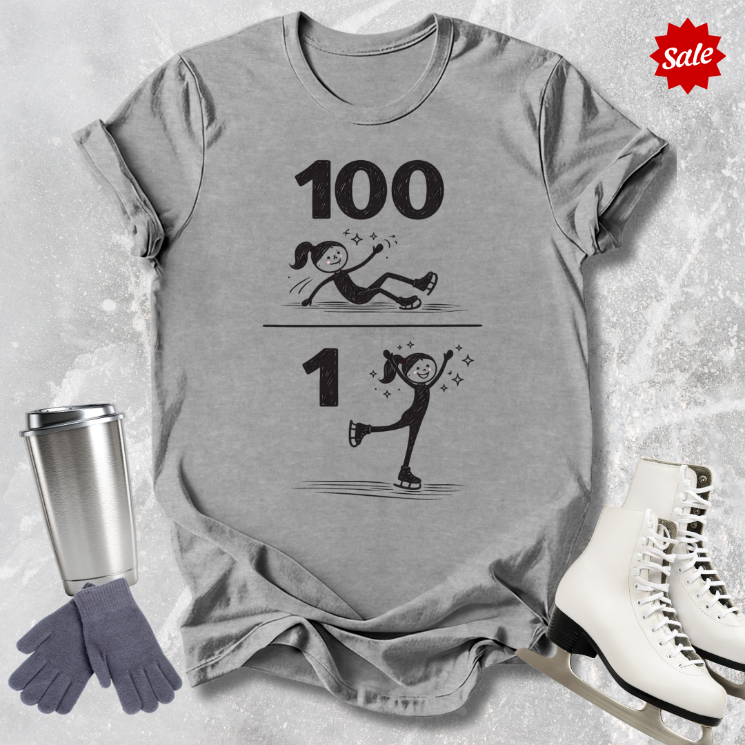 Gray t-shirt with '100 Figure skating falls and 1 landed jump' text, next to a silver tumbler, black gloves, and white figure skates on a textured gray background.
