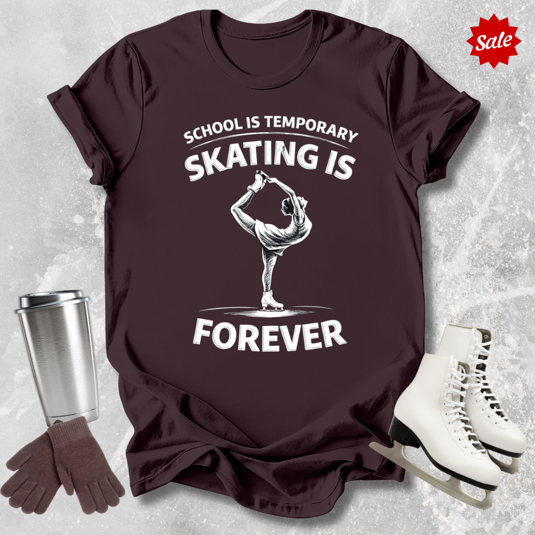 Brown t-shirt with white text school is temporary figure skating is forever graphic design.