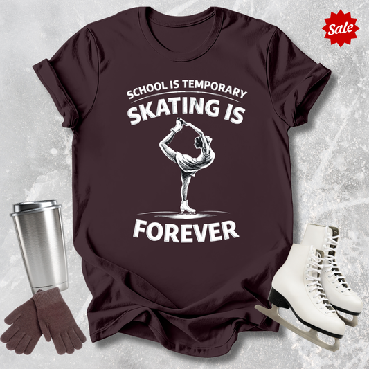 Brown t-shirt with white text school is temporary figure skating is forever graphic design.