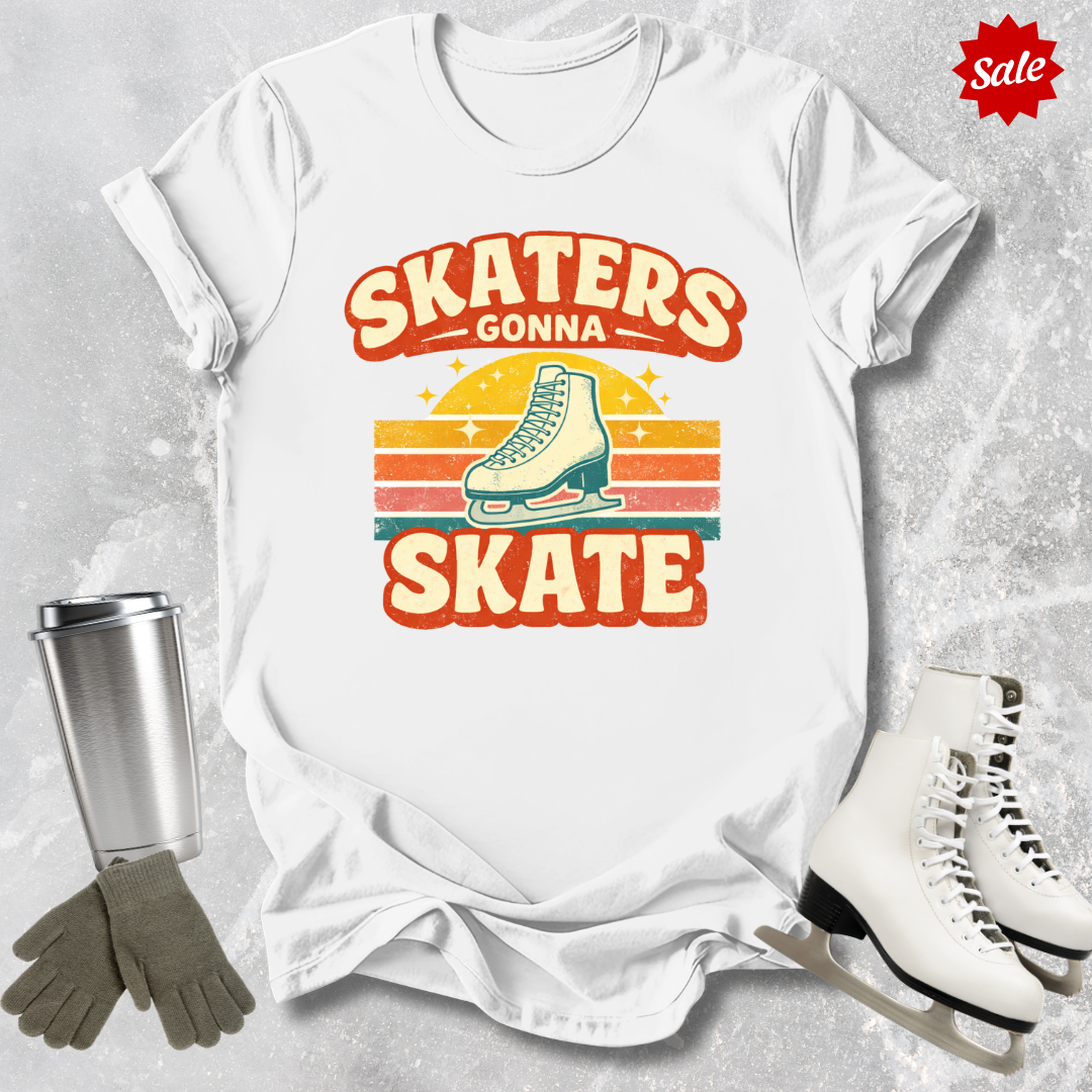 White t-shirt  with figure skaters gonna skate retro graphic design