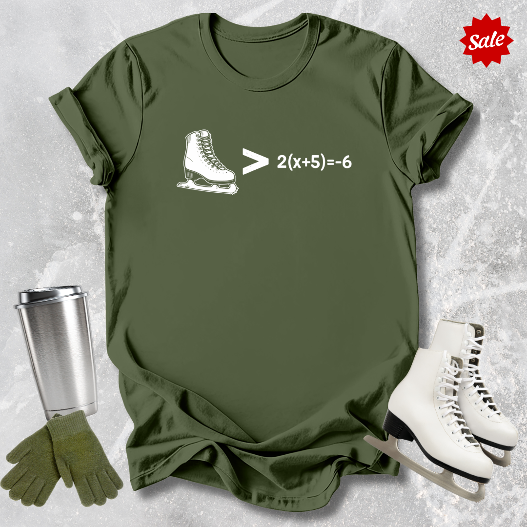 Green t-shirt with ice skate graphic and math equation, next to white skates, silver tumbler, and green gloves on a textured gray background.