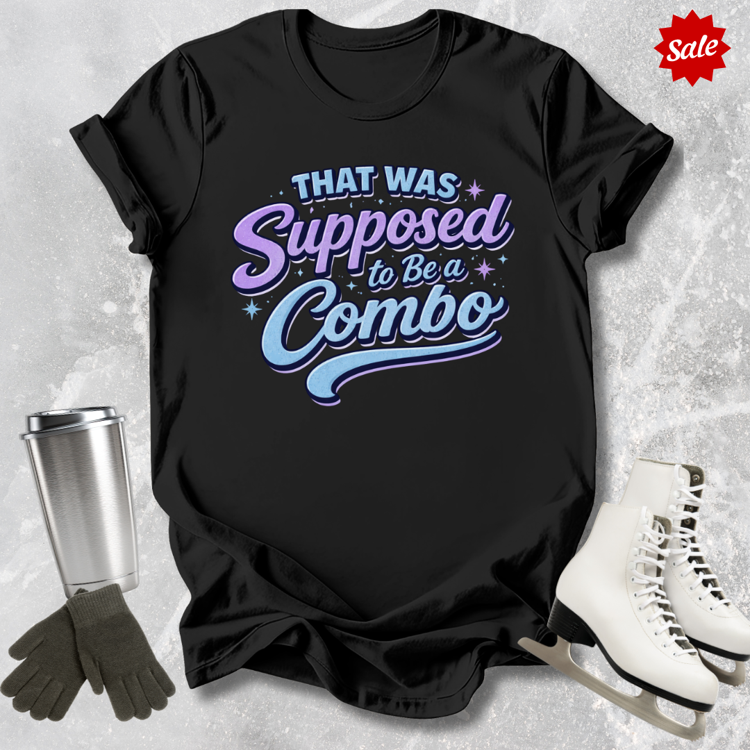 Black t-shirt with colorful figure skating that was supposed to be a combo text, silver tumbler, black gloves, and white skates on a textured gray background.