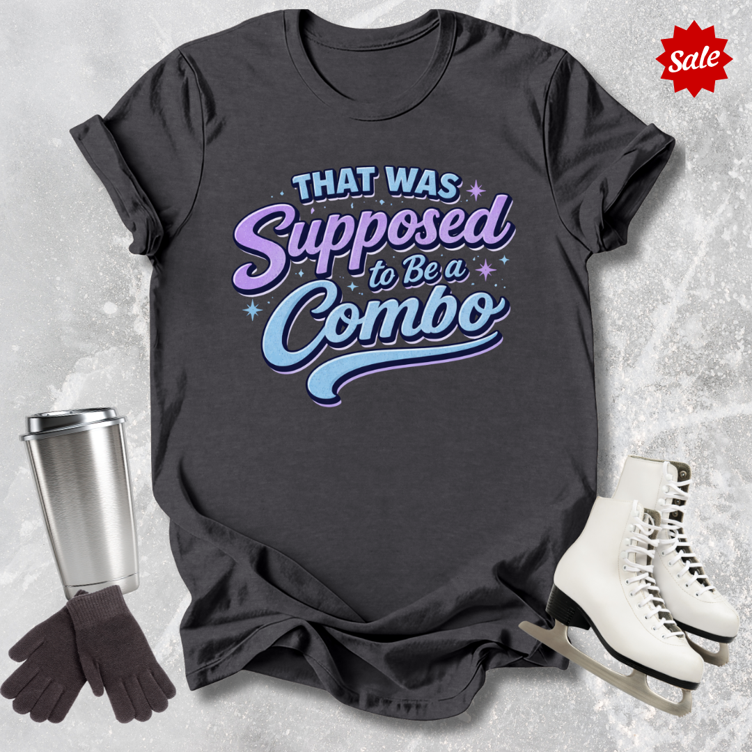 Black t-shirt with colorful figure skating that was supposed to be a combo  text, silver tumbler, black gloves, and white skates on a textured gray background.