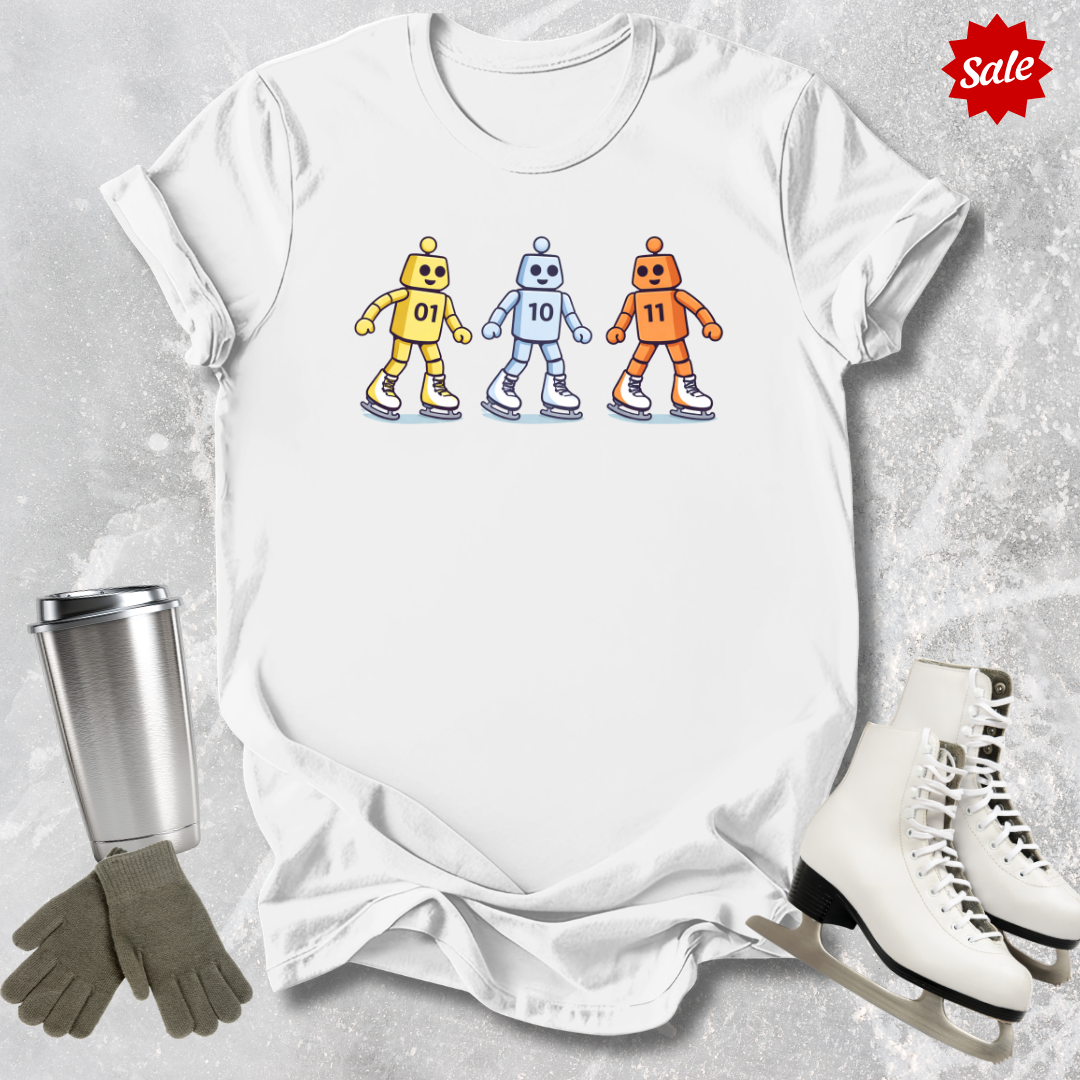 White t-shirt with robot design, silver tumbler, gray gloves, and white skates on a light gray background.