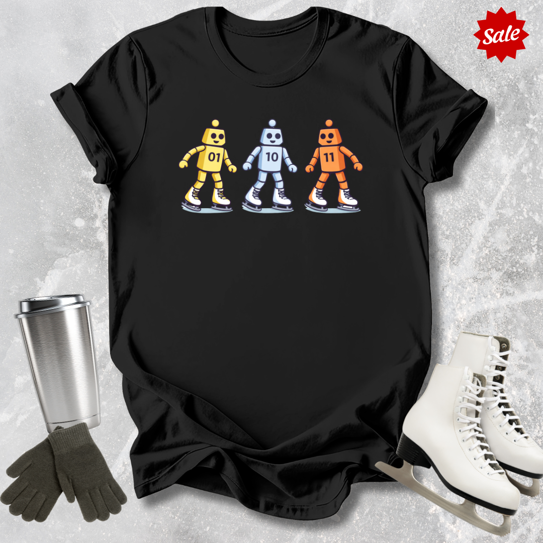 Black t-shirt with robot design, silver tumbler, black gloves, and white skates on a textured gray background.