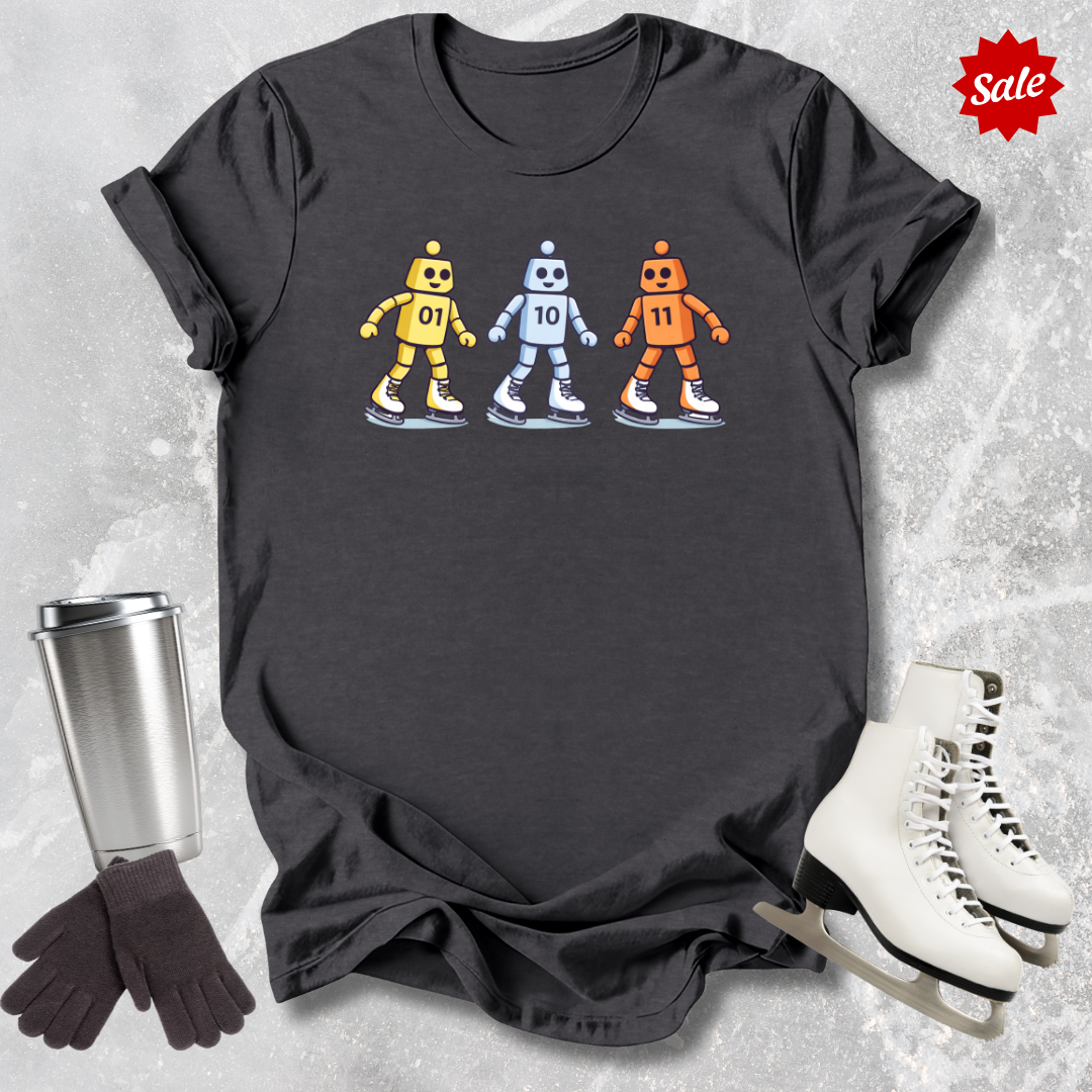 Black t-shirt with robot design, silver tumbler, black gloves, and white skates on a textured gray background.