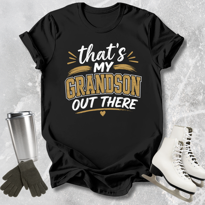 Black t-shirt with 'That's my grandson out there' text on a textured gray background