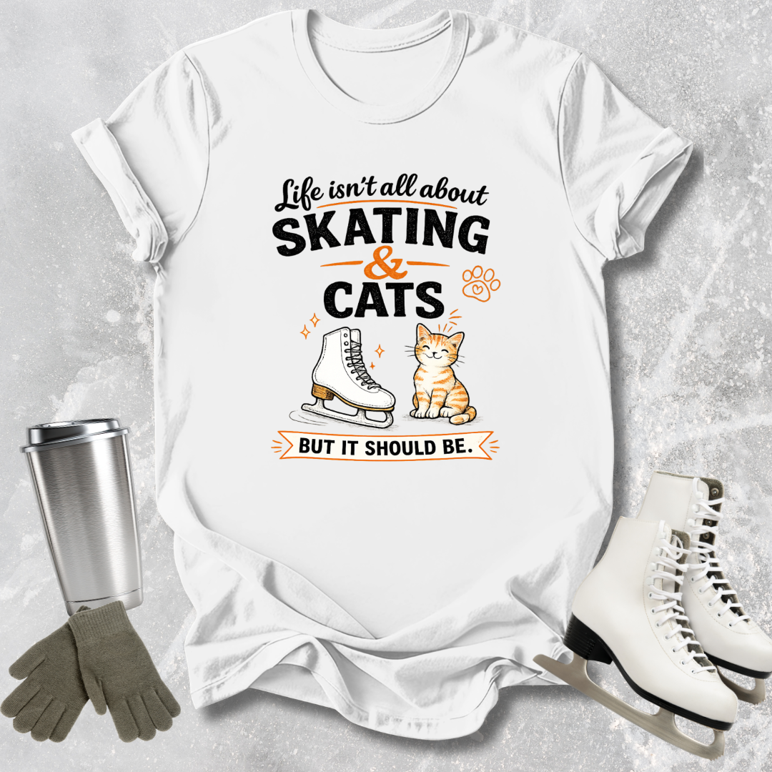 White t-shirt with skating and cats graphic and text on a textured gray background