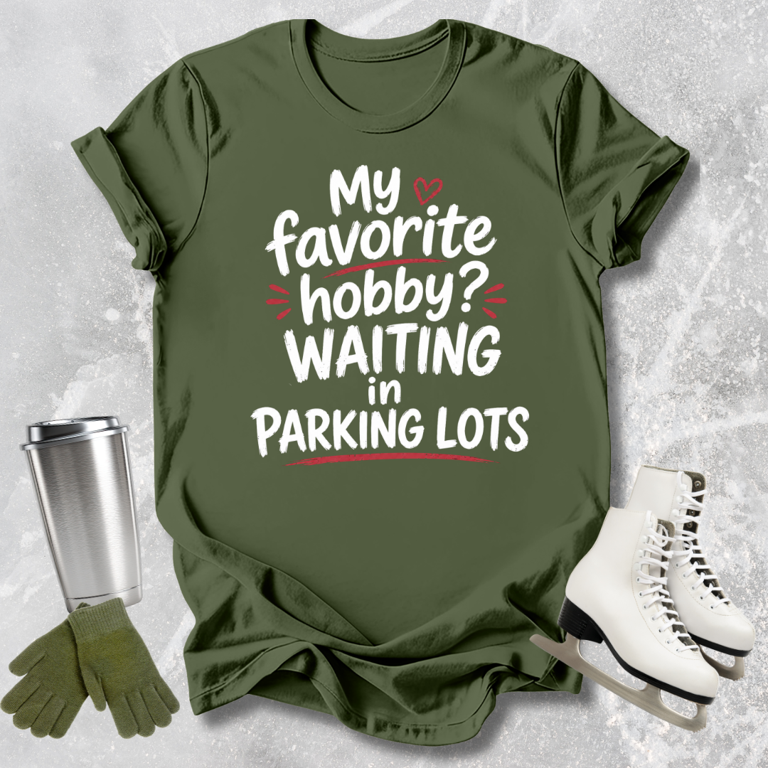 Green t-shirt with humorous text, paired with a silver tumbler, green gloves, and white shoes on a textured background.