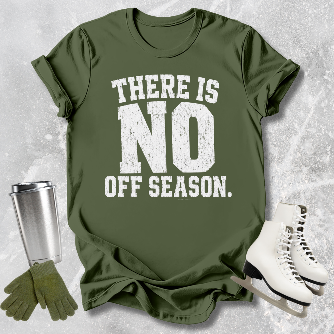 Green t-shirt with 'There is no off season' text, paired with a silver tumbler, green gloves, and white skates on a textured gray background.