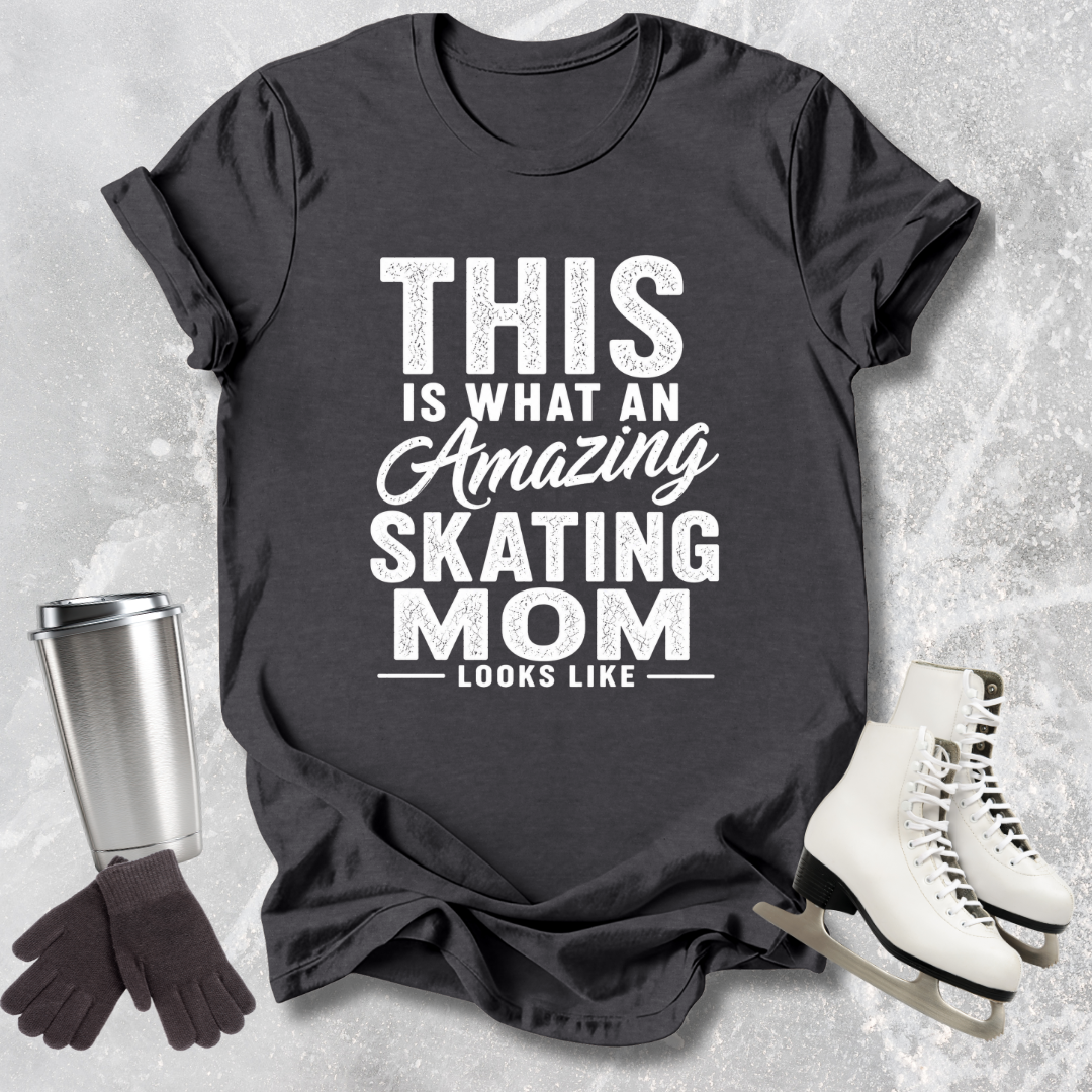 Black t-shirt with 'Amazing Skating Mom' text on a textured surface with accessories.