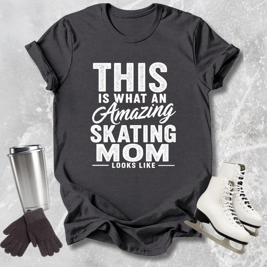 Black t-shirt with 'Amazing Skating Mom' text on a textured surface with accessories.