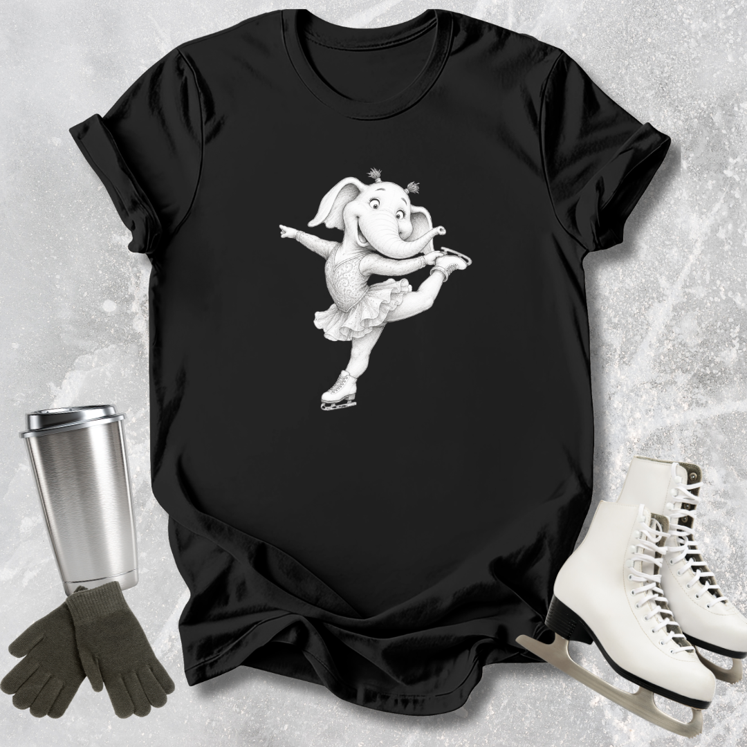 Black t-shirt with a white elephant graphic on a textured surface with accessories.