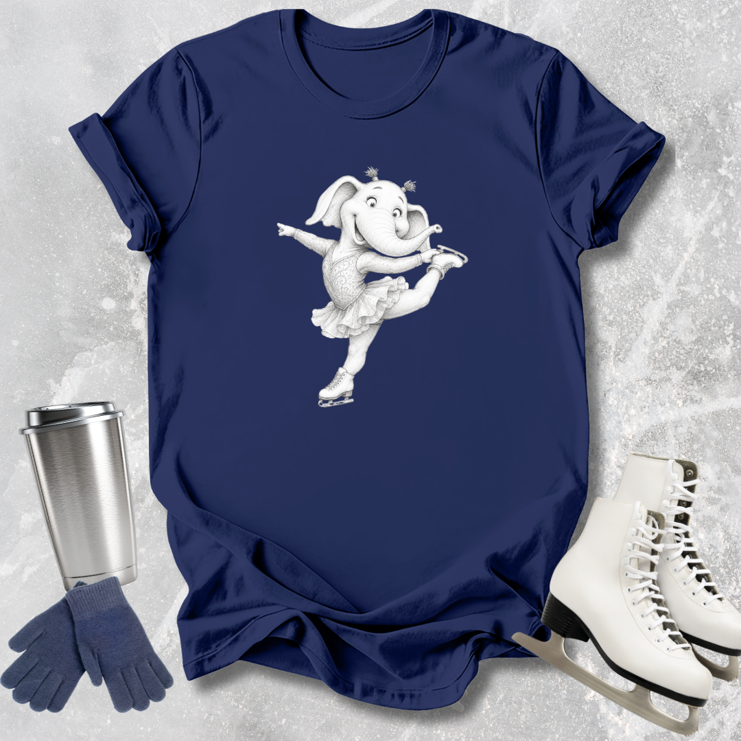 Navy blue t-shirt with a white elephant graphic, next to a silver tumbler, gloves, and ice skates on a light gray textured background.