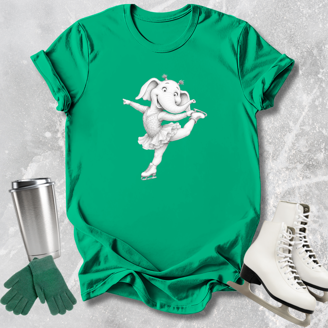 Green t-shirt with a white elephant graphic, next to a silver tumbler, green gloves, and white skates on a light gray textured background.