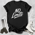 Black t-shirt with 'No Limits' text, placed on a textured surface with accessories like a silver tumbler, black gloves, and white skates.
