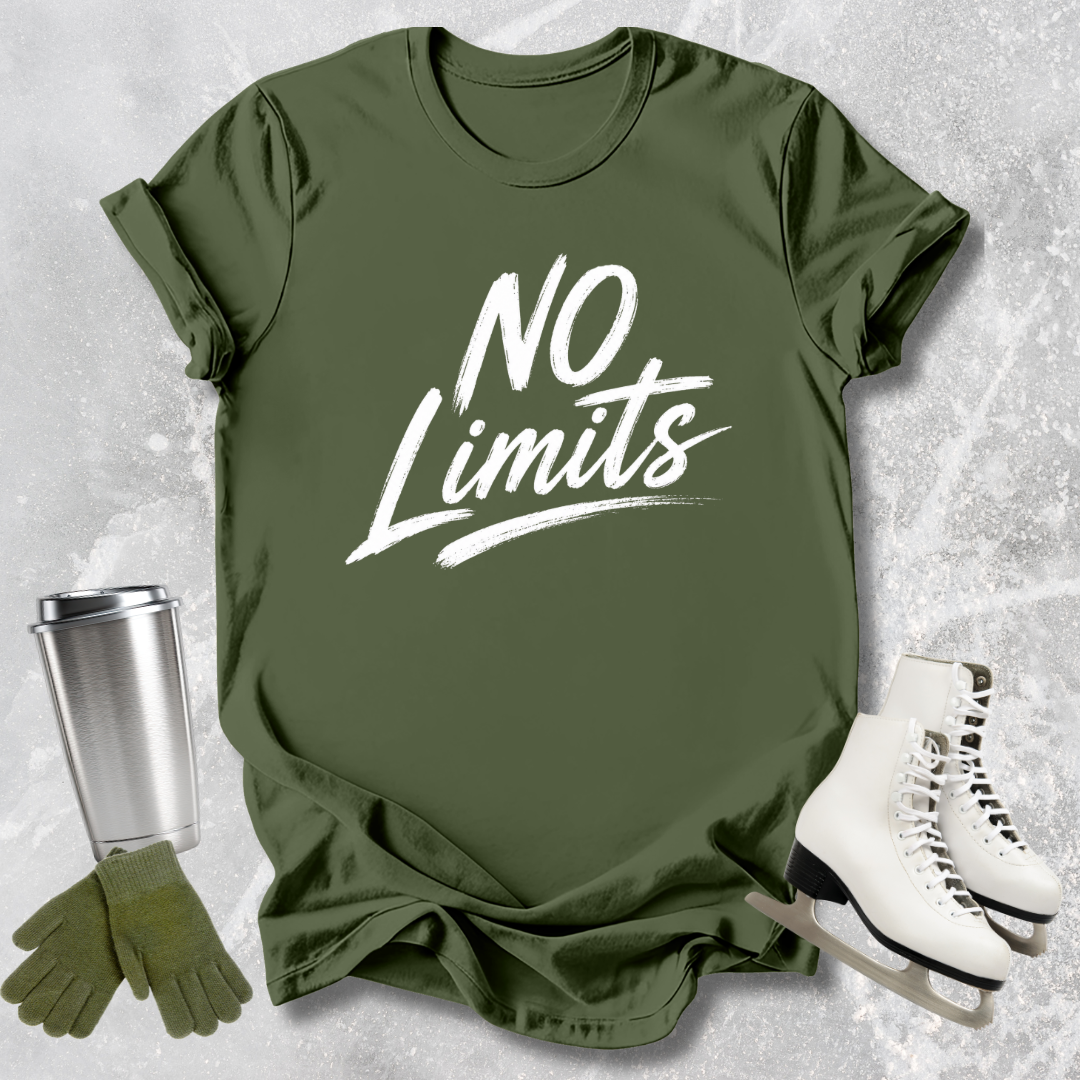 Green t-shirt with 'No Limits' text, paired with a silver tumbler, green gloves, and white skates on a textured gray background.