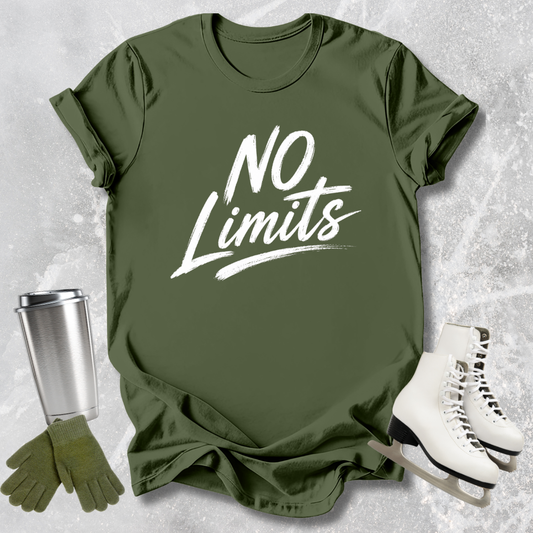 Green t-shirt with 'No Limits' text, paired with a silver tumbler, green gloves, and white skates on a textured gray background.