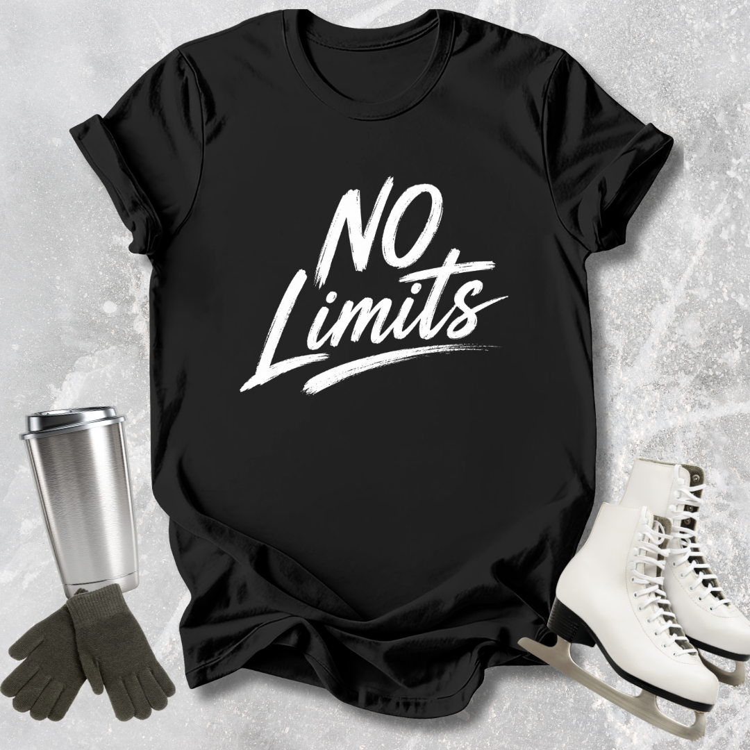 Black t-shirt with 'No Limits' text, placed on a textured surface with accessories like a silver tumbler, black gloves, and white skates.