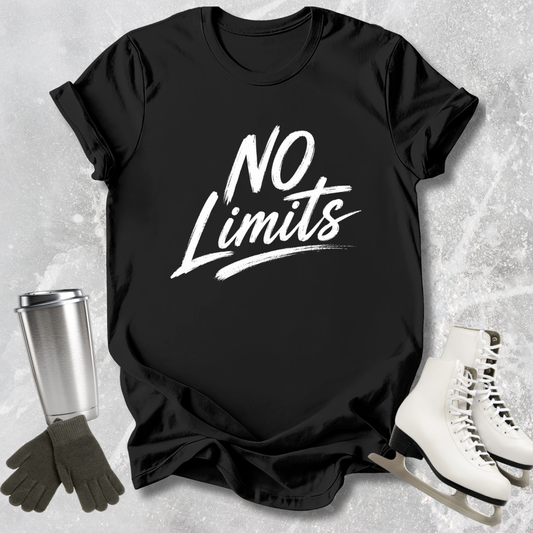 Black t-shirt with 'No Limits' text, placed on a textured surface with accessories like a silver tumbler, black gloves, and white skates.