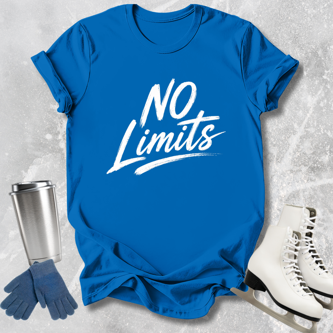 Blue t-shirt with 'NO Limits' text, silver tumbler, blue gloves, and white skates on a textured gray background