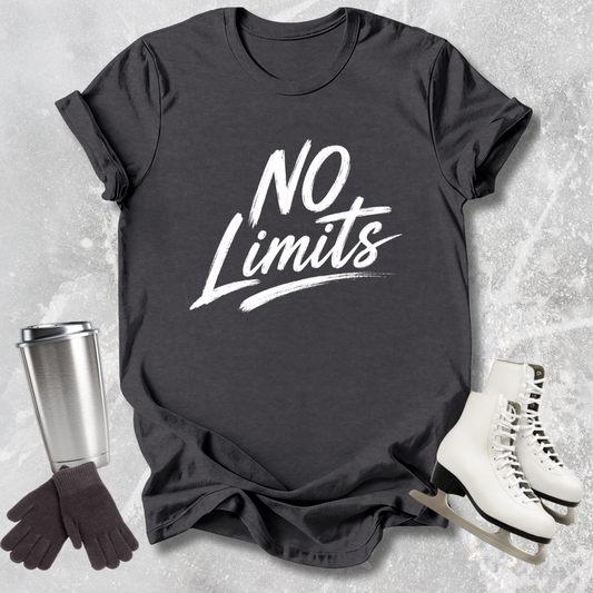 Black t-shirt with 'No Limits' text, silver tumbler, black gloves, and white skates on a gray textured background
