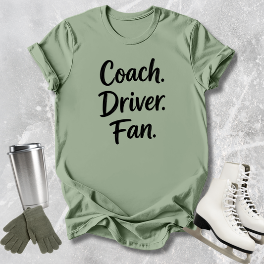 Green t-shirt with 'Coach. Driver.