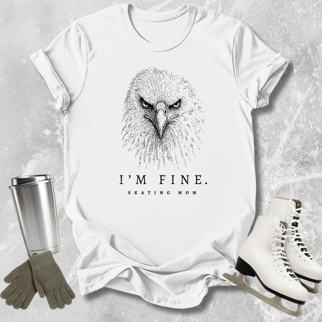White t-shirt with an eagle graphic and text, surrounded by a silver tumbler, green gloves, and white skates on a textured gray background.