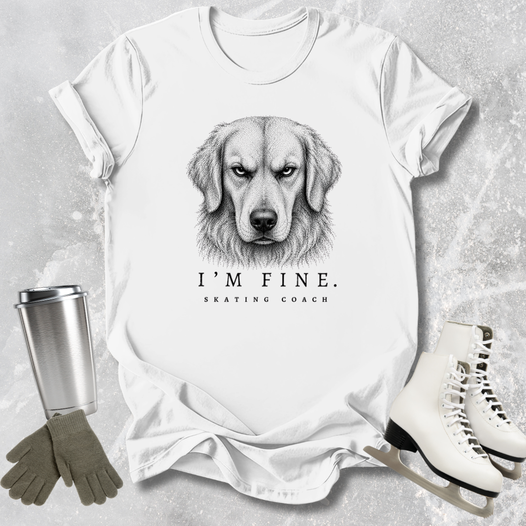 White t-shirt with a dog graphic and text, surrounded by a tumbler, gloves, and ice skates on a textured surface.